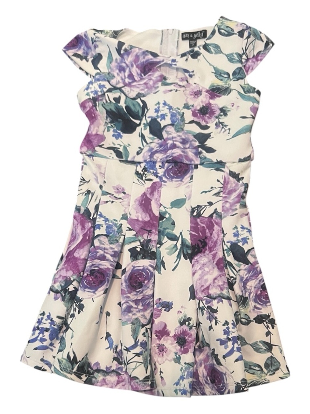 Girls Floral Pleated Dress - Purple Floral-ava and jelly- size 7